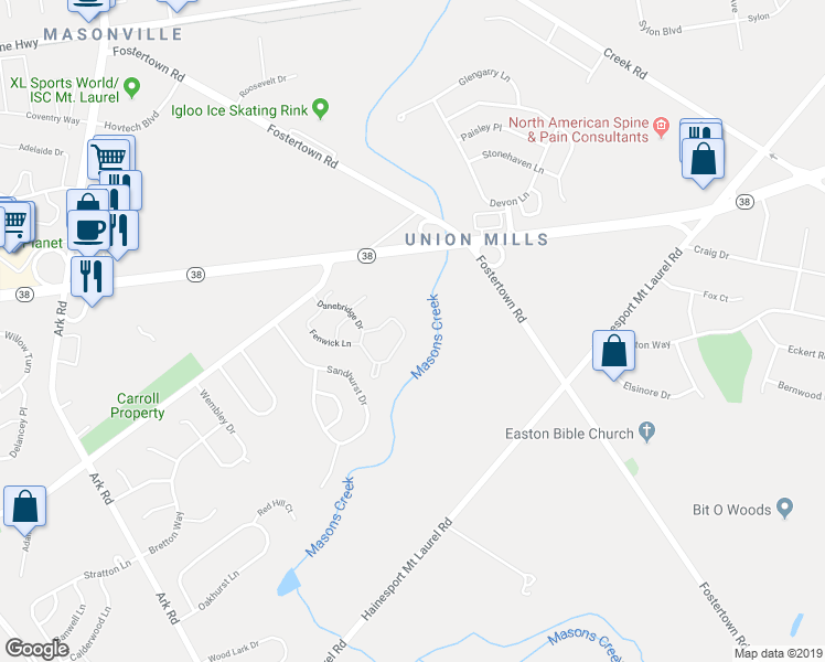 map of restaurants, bars, coffee shops, grocery stores, and more near 1601A Yarmouth Lane in Mount Laurel Township