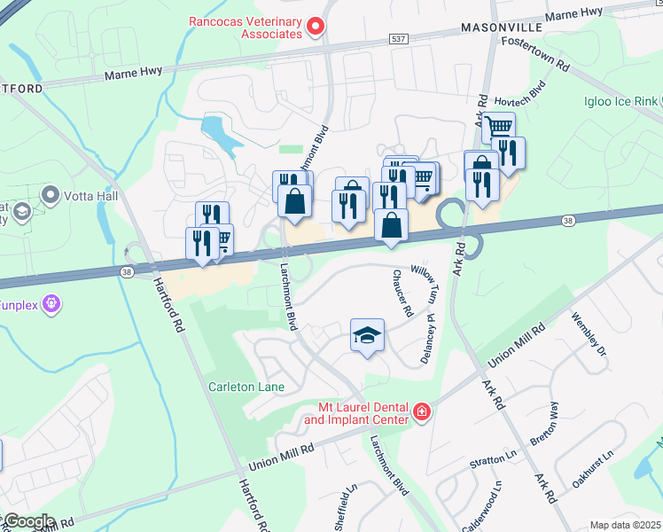 map of restaurants, bars, coffee shops, grocery stores, and more near 101 Willow Turn in Mount Laurel Township