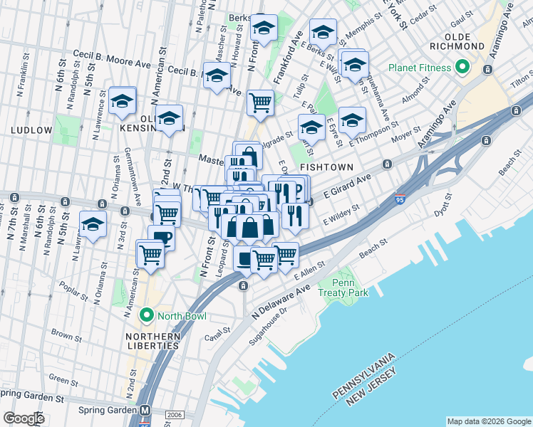 map of restaurants, bars, coffee shops, grocery stores, and more near in Philadelphia