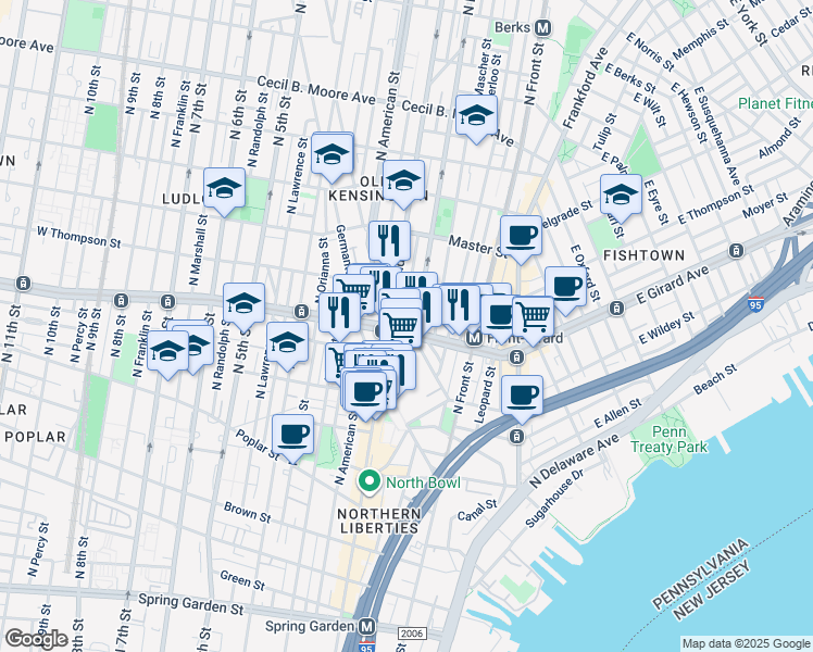 map of restaurants, bars, coffee shops, grocery stores, and more near 175 West Girard Avenue in Philadelphia