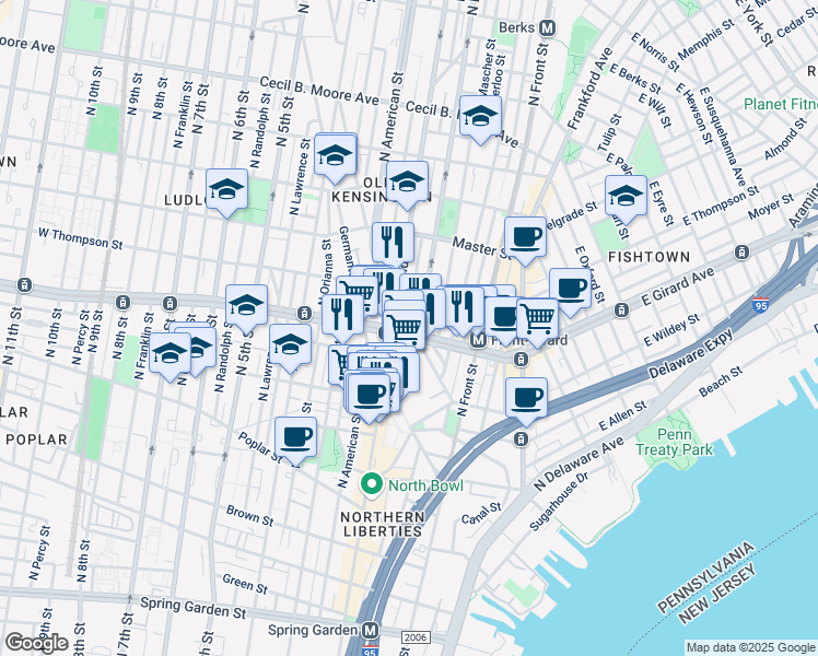 map of restaurants, bars, coffee shops, grocery stores, and more near in Philadelphia