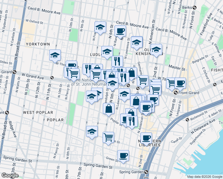 map of restaurants, bars, coffee shops, grocery stores, and more near 988 North 5th Street in Philadelphia