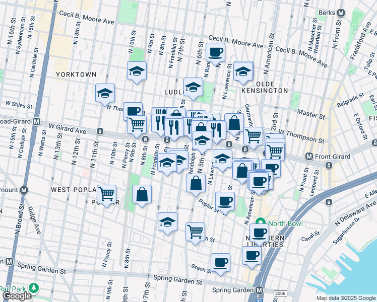 map of restaurants, bars, coffee shops, grocery stores, and more near 997 North 6th Street in Philadelphia