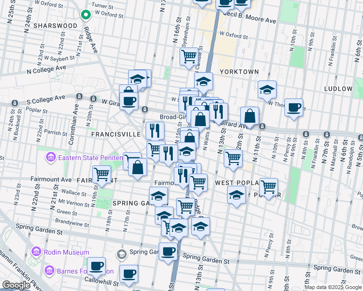map of restaurants, bars, coffee shops, grocery stores, and more near in Philadelphia