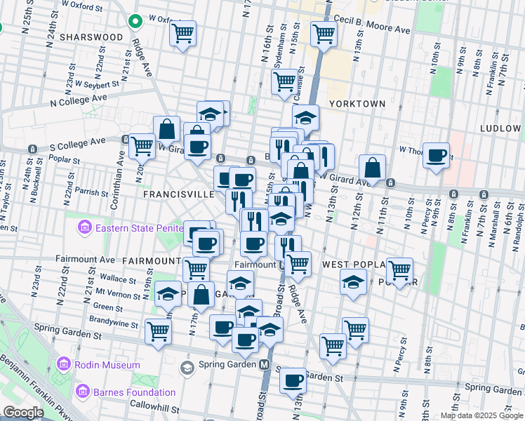 map of restaurants, bars, coffee shops, grocery stores, and more near 1504 Parrish Street in Philadelphia
