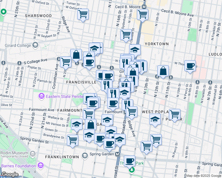 map of restaurants, bars, coffee shops, grocery stores, and more near 1504 Parrish Street in Philadelphia
