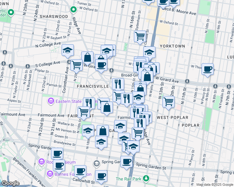 map of restaurants, bars, coffee shops, grocery stores, and more near 1530-32 Parrish Street in Philadelphia