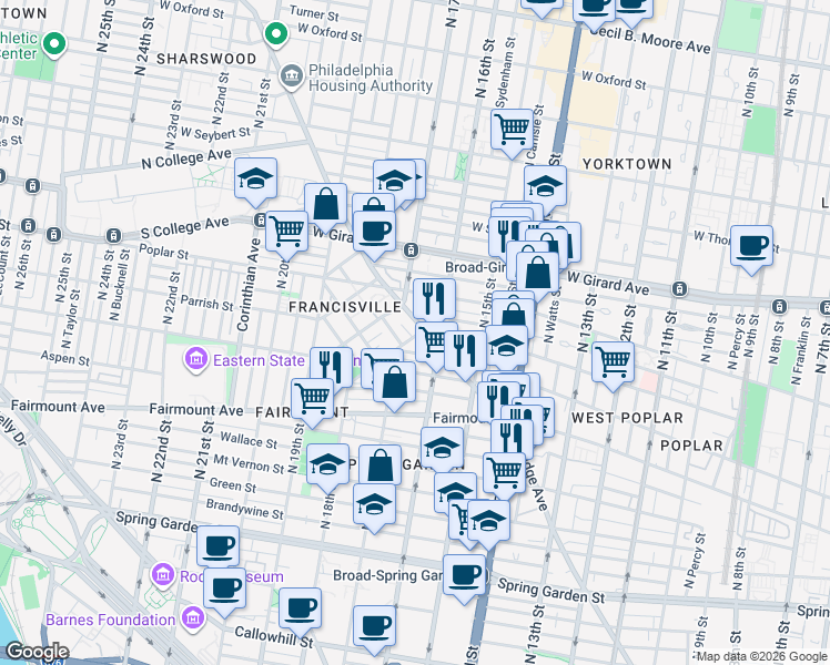 map of restaurants, bars, coffee shops, grocery stores, and more near 1530-32 Parrish Street in Philadelphia