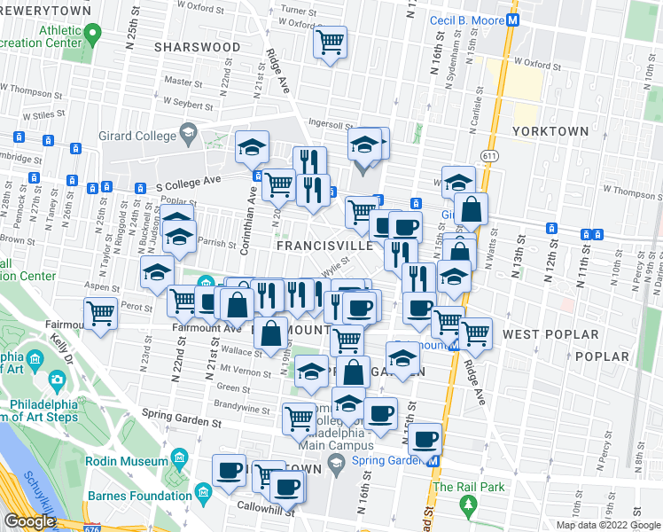 map of restaurants, bars, coffee shops, grocery stores, and more near 813 Cameron Street in Philadelphia