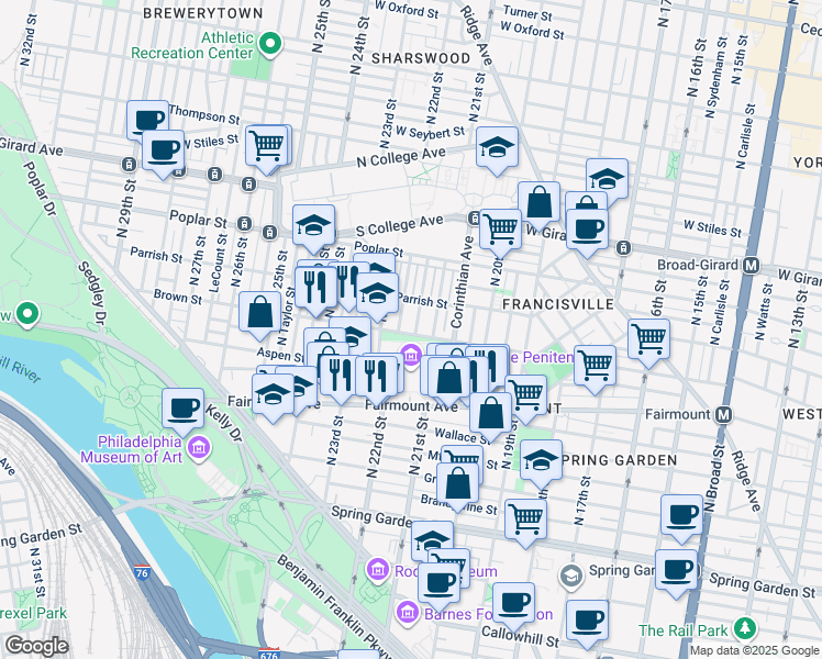 map of restaurants, bars, coffee shops, grocery stores, and more near 802 North 21st Street in Philadelphia