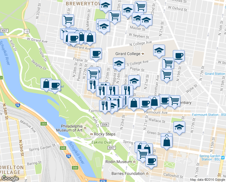 map of restaurants, bars, coffee shops, grocery stores, and more near in Philadelphia