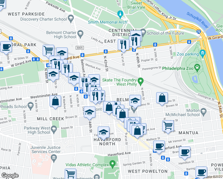 map of restaurants, bars, coffee shops, grocery stores, and more near 4211 Ogden Street in Philadelphia