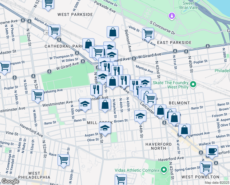 map of restaurants, bars, coffee shops, grocery stores, and more near 4610 Westminster Avenue in Philadelphia
