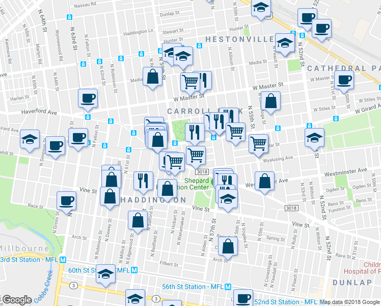 map of restaurants, bars, coffee shops, grocery stores, and more near 516 North 58th Street in Philadelphia