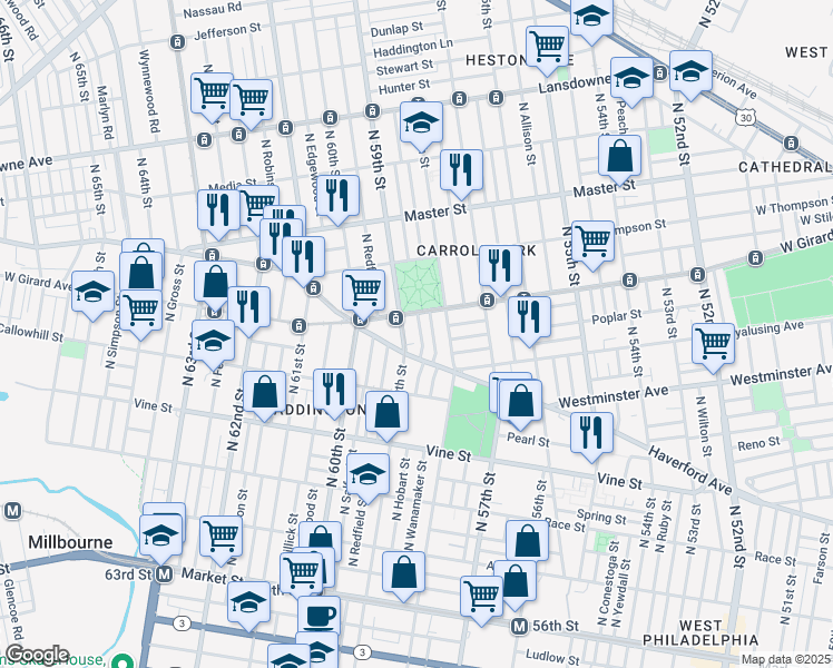 map of restaurants, bars, coffee shops, grocery stores, and more near 5839 Haverford Avenue in Philadelphia