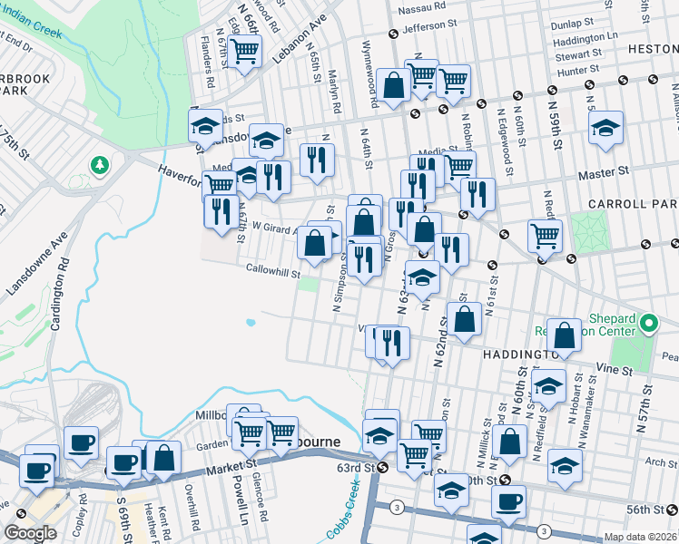 map of restaurants, bars, coffee shops, grocery stores, and more near 317 North 65th Street in Philadelphia