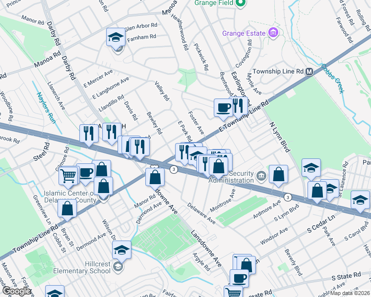 map of restaurants, bars, coffee shops, grocery stores, and more near 61 Bewley Road in Delaware County