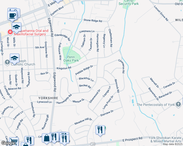 map of restaurants, bars, coffee shops, grocery stores, and more near 545 Eton Lane in York