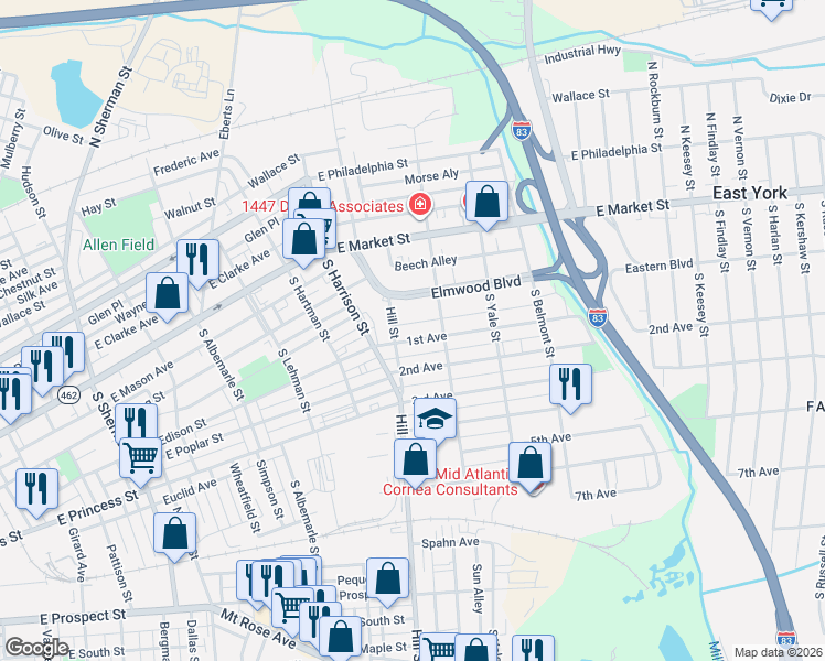 map of restaurants, bars, coffee shops, grocery stores, and more near 1410 1st Avenue in York
