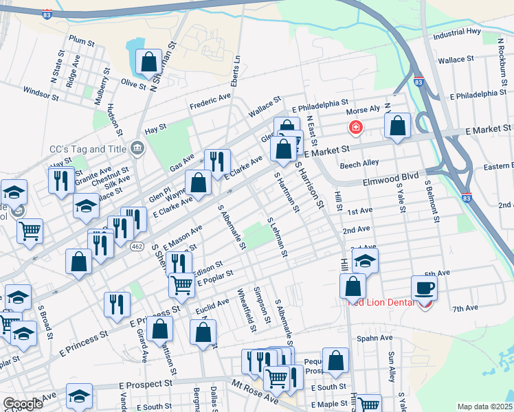 map of restaurants, bars, coffee shops, grocery stores, and more near 1060 East King Street in York