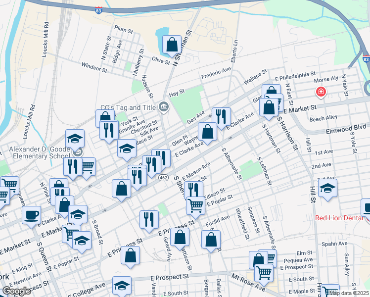 map of restaurants, bars, coffee shops, grocery stores, and more near 816 East Clarke Avenue in York
