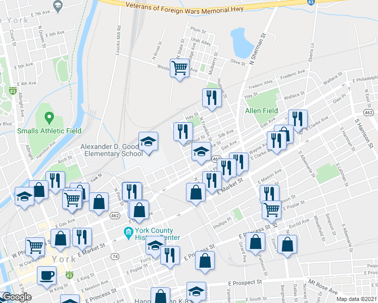 map of restaurants, bars, coffee shops, grocery stores, and more near 538 Wallace Street in York