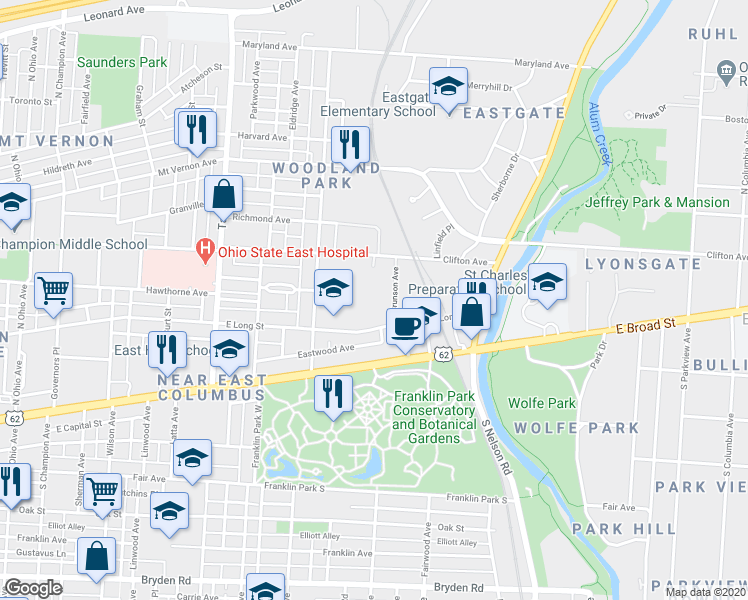 map of restaurants, bars, coffee shops, grocery stores, and more near 1750 East Long Street in Columbus