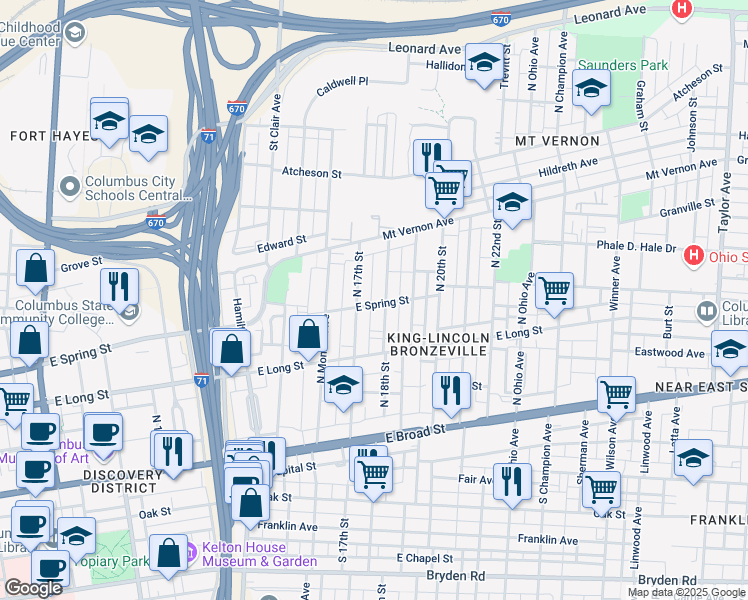 map of restaurants, bars, coffee shops, grocery stores, and more near 180 North 17th Street in Columbus