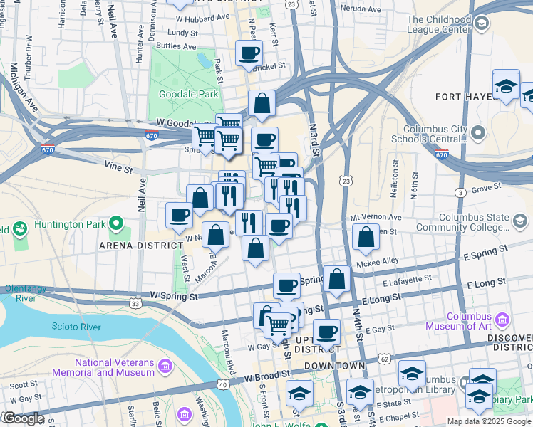 map of restaurants, bars, coffee shops, grocery stores, and more near 3 West Nationwide Boulevard in Columbus
