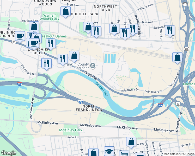 map of restaurants, bars, coffee shops, grocery stores, and more near 907 Dublin Road in Columbus