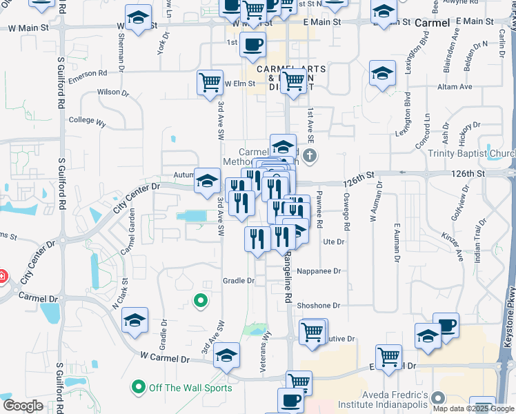 map of restaurants, bars, coffee shops, grocery stores, and more near 100 City Center Drive in Carmel