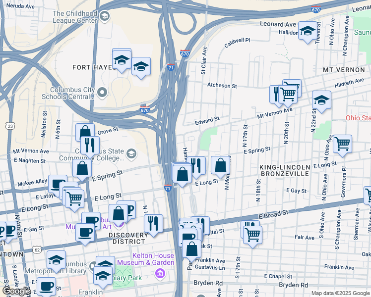 map of restaurants, bars, coffee shops, grocery stores, and more near 247 Hamilton Avenue in Columbus