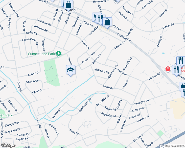 map of restaurants, bars, coffee shops, grocery stores, and more near 1920 South Drive in York