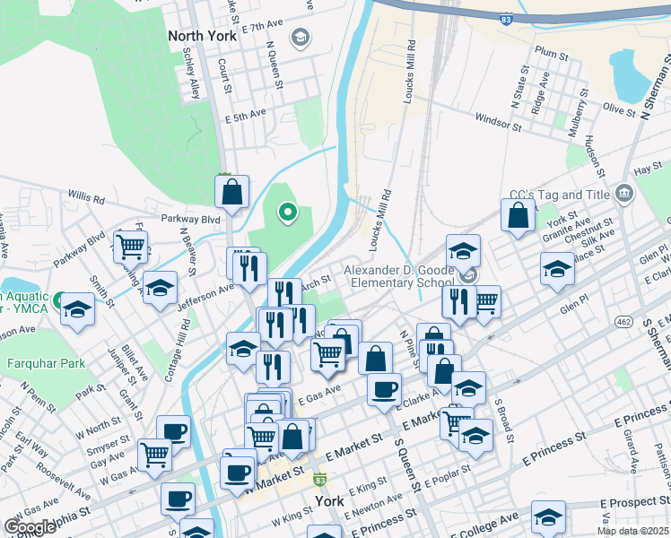 map of restaurants, bars, coffee shops, grocery stores, and more near 315 North Queen Street in York
