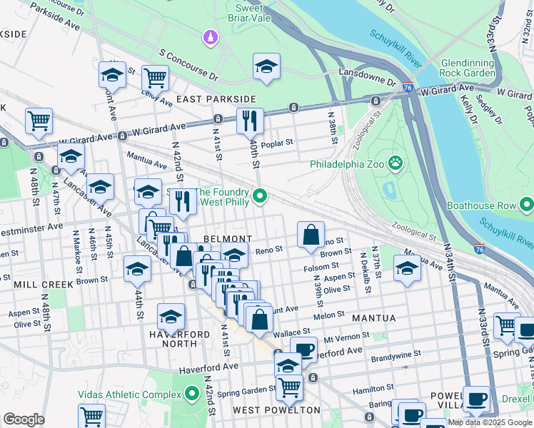 map of restaurants, bars, coffee shops, grocery stores, and more near 871 North 40th Street in Philadelphia