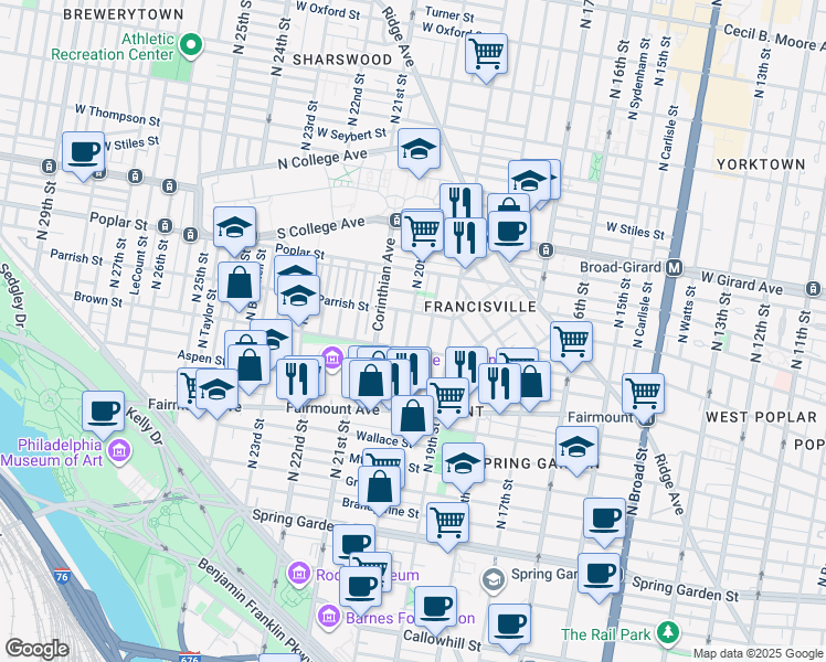 map of restaurants, bars, coffee shops, grocery stores, and more near 815 North 20th Street in Philadelphia