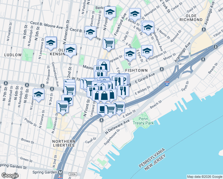 map of restaurants, bars, coffee shops, grocery stores, and more near in Philadelphia