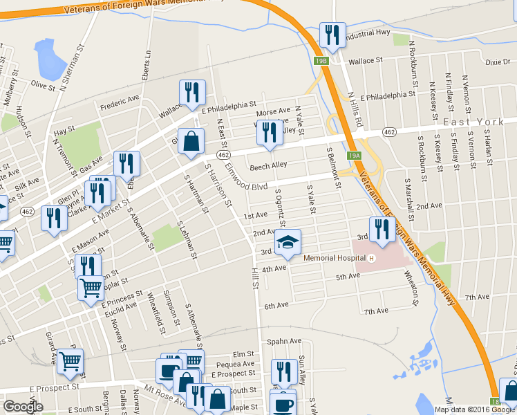 map of restaurants, bars, coffee shops, grocery stores, and more near 1405 1st Avenue in York