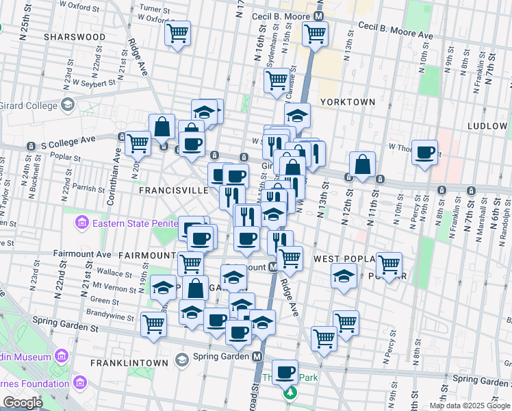 map of restaurants, bars, coffee shops, grocery stores, and more near 848 North 15th Street in Philadelphia