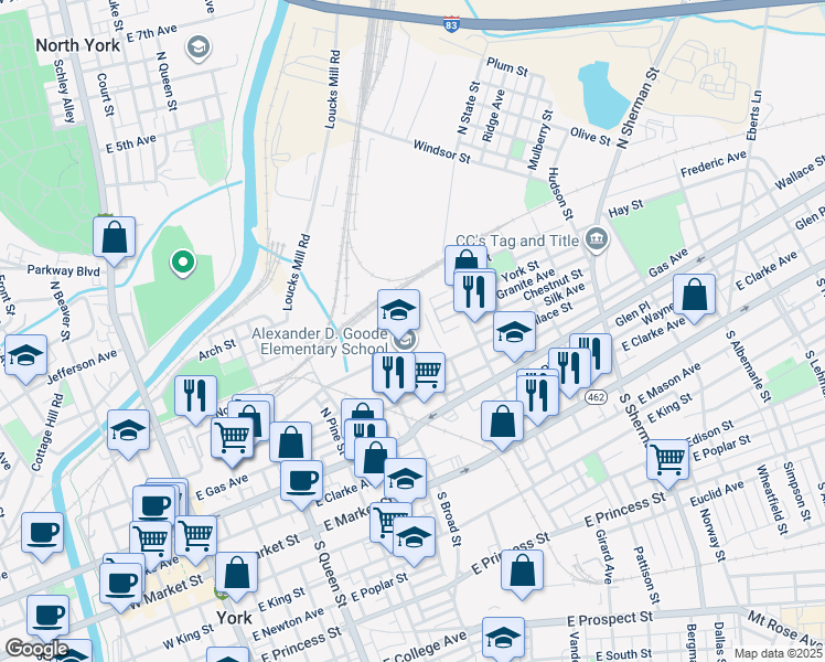 map of restaurants, bars, coffee shops, grocery stores, and more near 251 North Broad Street in York