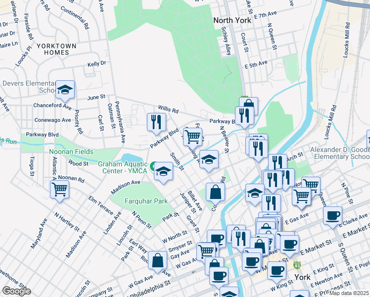 map of restaurants, bars, coffee shops, grocery stores, and more near 218 Front Street in York