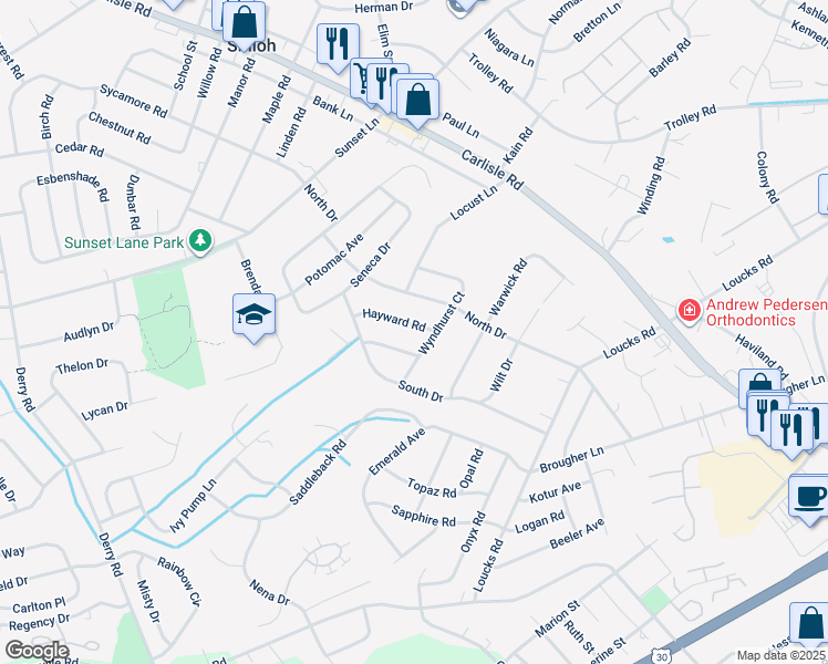 map of restaurants, bars, coffee shops, grocery stores, and more near 1810 Hayward Road in York