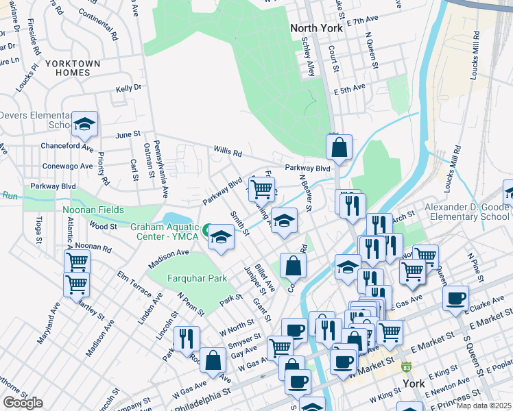 map of restaurants, bars, coffee shops, grocery stores, and more near 606 North Pershing Avenue in York