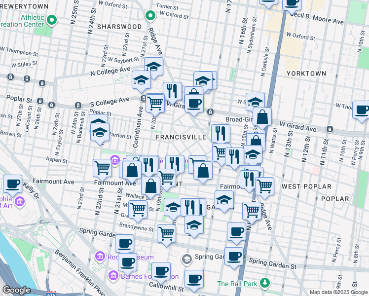 map of restaurants, bars, coffee shops, grocery stores, and more near 813 Cameron Street in Philadelphia