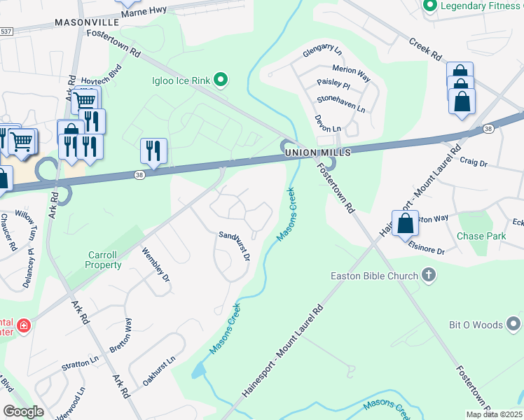 map of restaurants, bars, coffee shops, grocery stores, and more near 1601A Yarmouth Lane in Mount Laurel Township