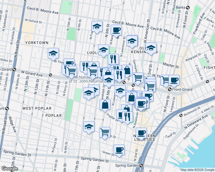 map of restaurants, bars, coffee shops, grocery stores, and more near 988 North 5th Street in Philadelphia