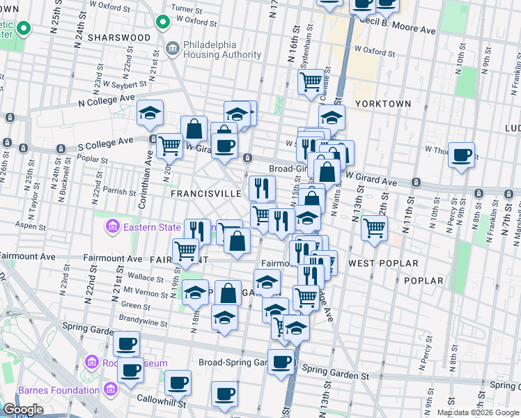 map of restaurants, bars, coffee shops, grocery stores, and more near 1530-32 Parrish Street in Philadelphia