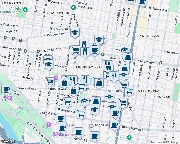 map of restaurants, bars, coffee shops, grocery stores, and more near 1803 Wylie Street in Philadelphia