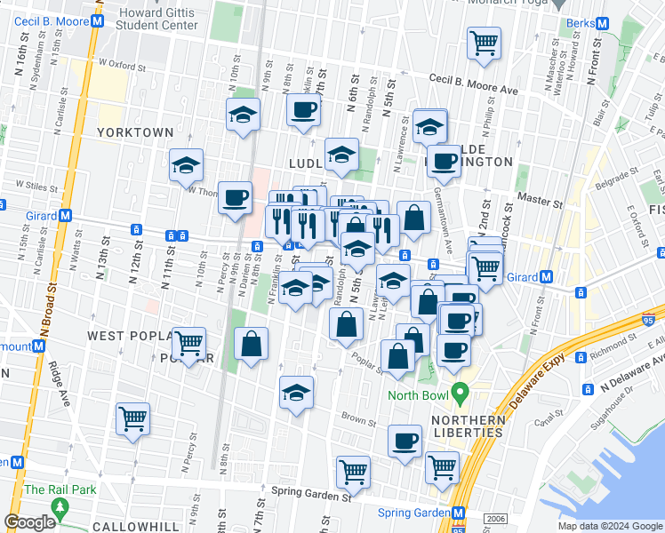 map of restaurants, bars, coffee shops, grocery stores, and more near 997 North 6th Street in Philadelphia