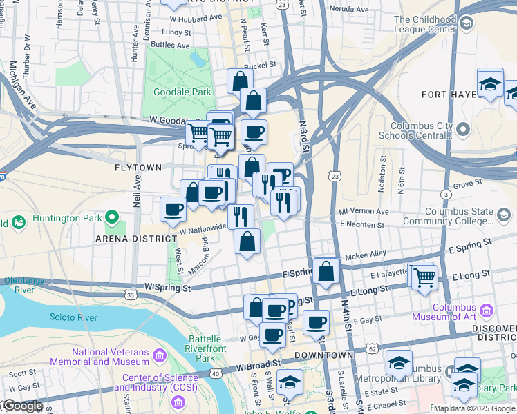 map of restaurants, bars, coffee shops, grocery stores, and more near 348 North High Street in Columbus